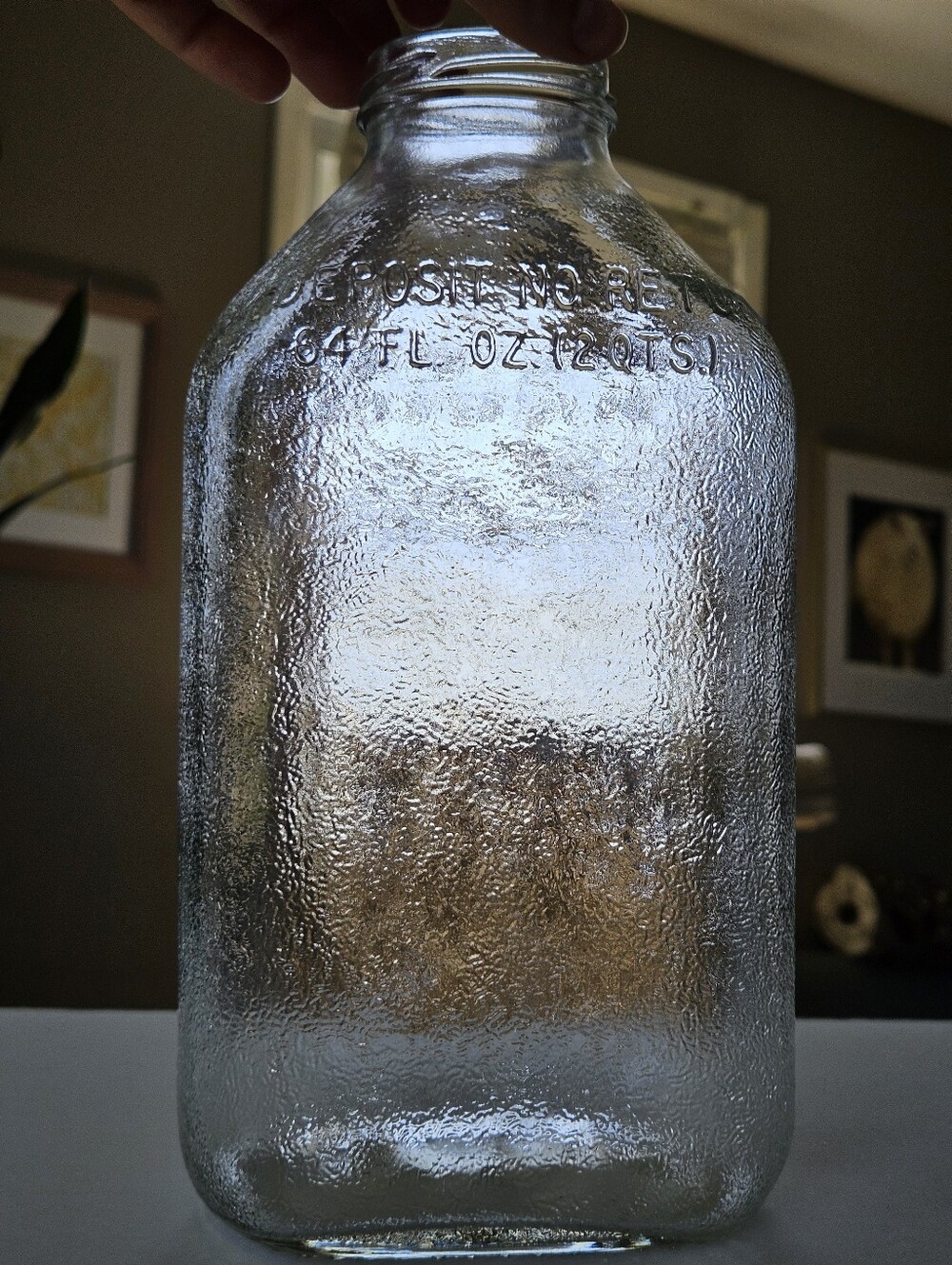 9.5" No Deposit No Return 64 ounce glass juice bottle jug farmhouse vase texture